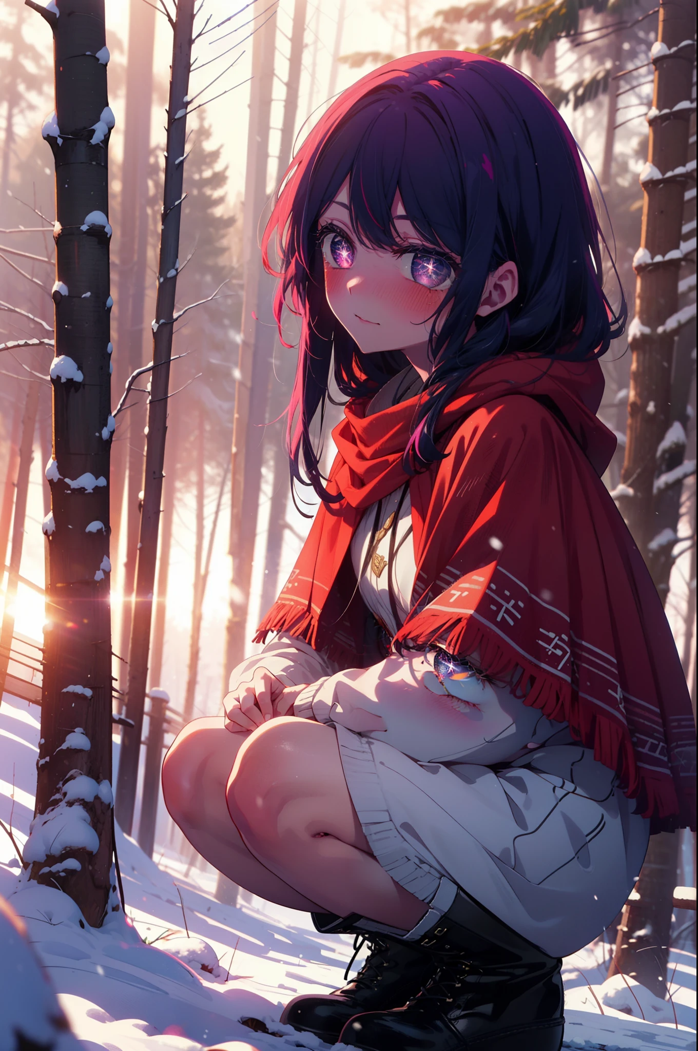 aihoshino, Ai Hoshino, Long Hair, bangs, (Purple eyes:1.1), Purple Hair, (Symbol-shaped pupil:1.5), smile,,smile,blush,white breath,
Open your mouth,snow,Ground bonfire, Outdoor, boots, snowing, From the side, wood, suitcase, Cape, Blurred, , forest, White handbag, nature,  Squat, Mouth closed, Cape, winter, Written boundary depth, Black shoes, red Cape break looking at viewer, Upper Body, whole body, break Outdoor, forest, nature, break (masterpiece:1.2), Highest quality, High resolution, unity 8k wallpaper, (shape:0.8), (Beautiful and beautiful eyes:1.6), Highly detailed face, Perfect lighting, Extremely detailed CG, (Perfect hands, Perfect Anatomy),