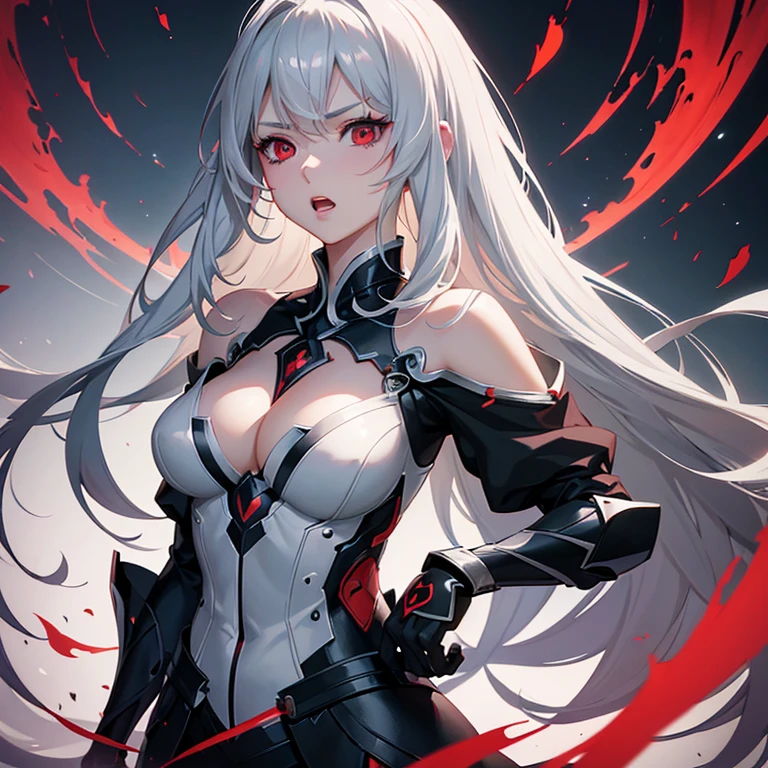 a beautiful anime-style girl with short gray/white hair, open mouth, red eyes, extremely detailed face and features, extremely detailed chest, multiple accessories, multiple angles, high quality character design, (best quality,4K,8k,highres,masterpiece:1.2),ultra-detailed,(realistic,photorealistic,photo-realistic:1.37),cinematic lighting,vibrant colors,dramatic composition red eyes, Side Up, Character Design画, Setting diagram, Setting diagram, Character portrait, Character Design, anime, anime風, Illustration,