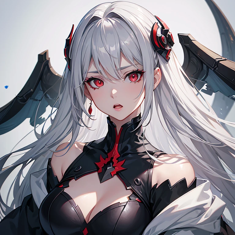 a beautiful anime-style girl with short gray/white hair, open mouth, red eyes, extremely detailed face and features, extremely detailed chest, multiple accessories, multiple angles, high quality character design, (best quality,4K,8k,highres,masterpiece:1.2),ultra-detailed,(realistic,photorealistic,photo-realistic:1.37),cinematic lighting,vibrant colors,dramatic composition red eyes, Side Up, Character Design画, Setting diagram, Setting diagram, Character portrait, Character Design, anime, anime風, Illustration,