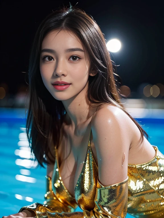 Latex bodysuit、Knee-high boots、Huge 、Long brown hair、Shiny, Oily skin、Glowing Skin、Indoor competition pool、White skin、 Body Portrait, 8k, Narrow and beautiful eyes, Dindal effect, masterpiece, 最high quality, high quality, High resolution, Very detailed photos, (Natural skin texture, Fine skin, Hyperrealism, Ultra Sharpness) , Skin with attention to detail, (Very fine, Fine skin texture, Intricate details, Beautiful Face, (A vivid face), Realistic eyes, Beautiful and detailed, Realistic Skin, Beautiful Skin, surreal, Very detailed, Golden Ratio, Smiling Eyes, ((Night moonlight background)), Body Portrait, glamorous, Shiny Bodysuit