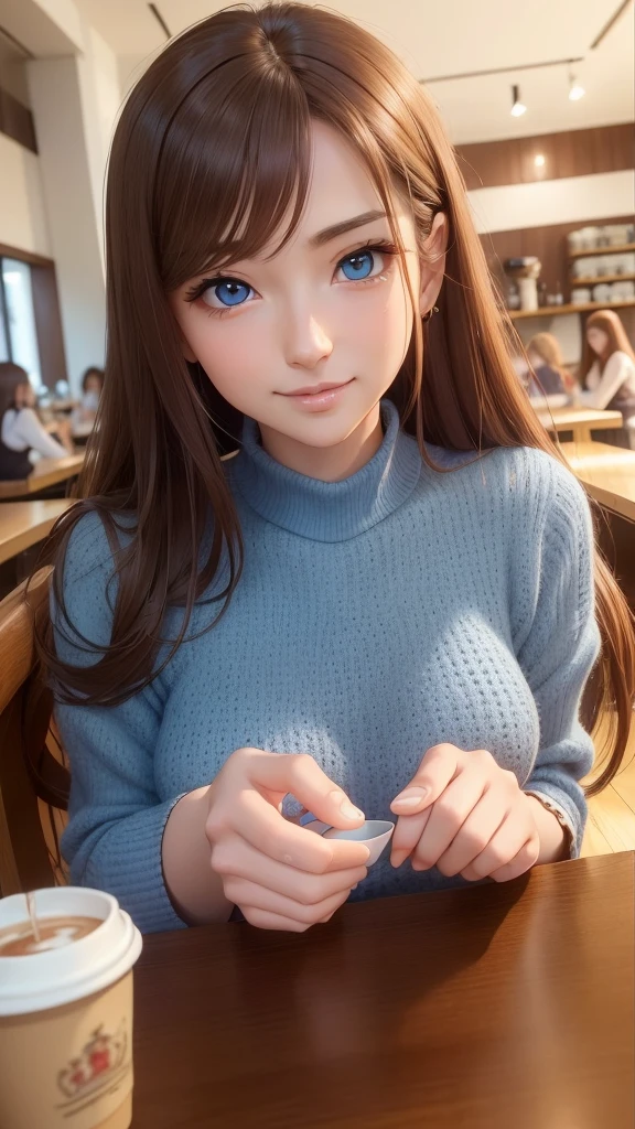 (masutepiece), Best Quality, beautiful detailed hair detailed face, 超A high resolution, Sharp Focus, ((1 woman, Solo)), Perfect feminine face, Upper body, Medium Long Shot, nffsw, in a cafe, holding coffee, ((Beautifully shaped eyes, blue eyes)), chesnut brown hair, Long hair, Smiles