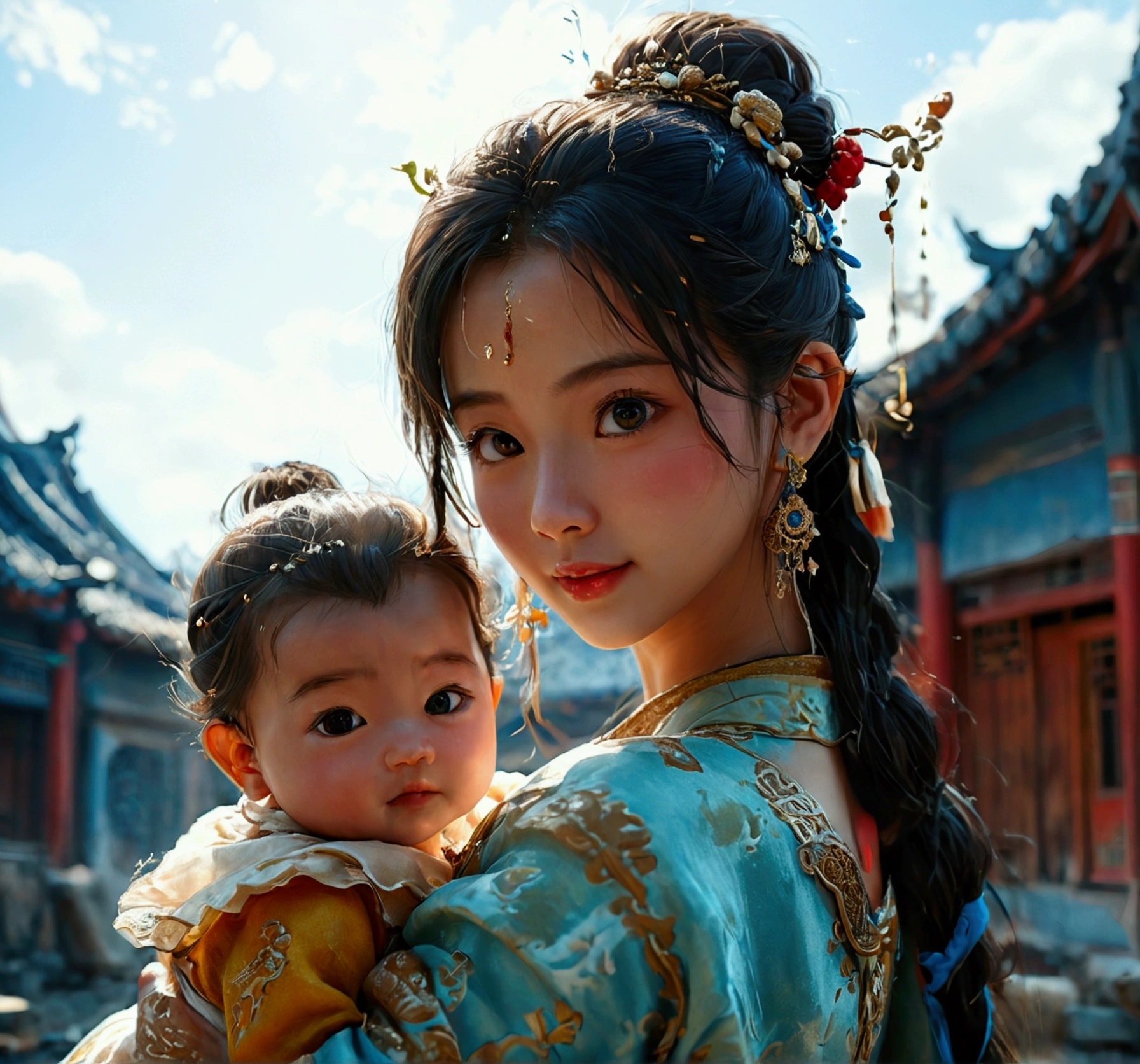 {{Masterpiece, Best quality, Highly detailed CG, Unity wallpaper 8k, Cinema lighting}}, Traditional Chinese ink painting, 1girl, 1baby, Young woman holding a baby, Full body, Ancient architecture, the sky is blue, Sunny day, Wooden architecture, Notable protagonist, He smiles, big eyes, Beautiful detailed eyes, (Big breasts and very, very, very, very, very, very, very, very, very, gigantic body, and a very, very, very, giant body , split), Round ass, Looking at the audience, Long eyelashes,
