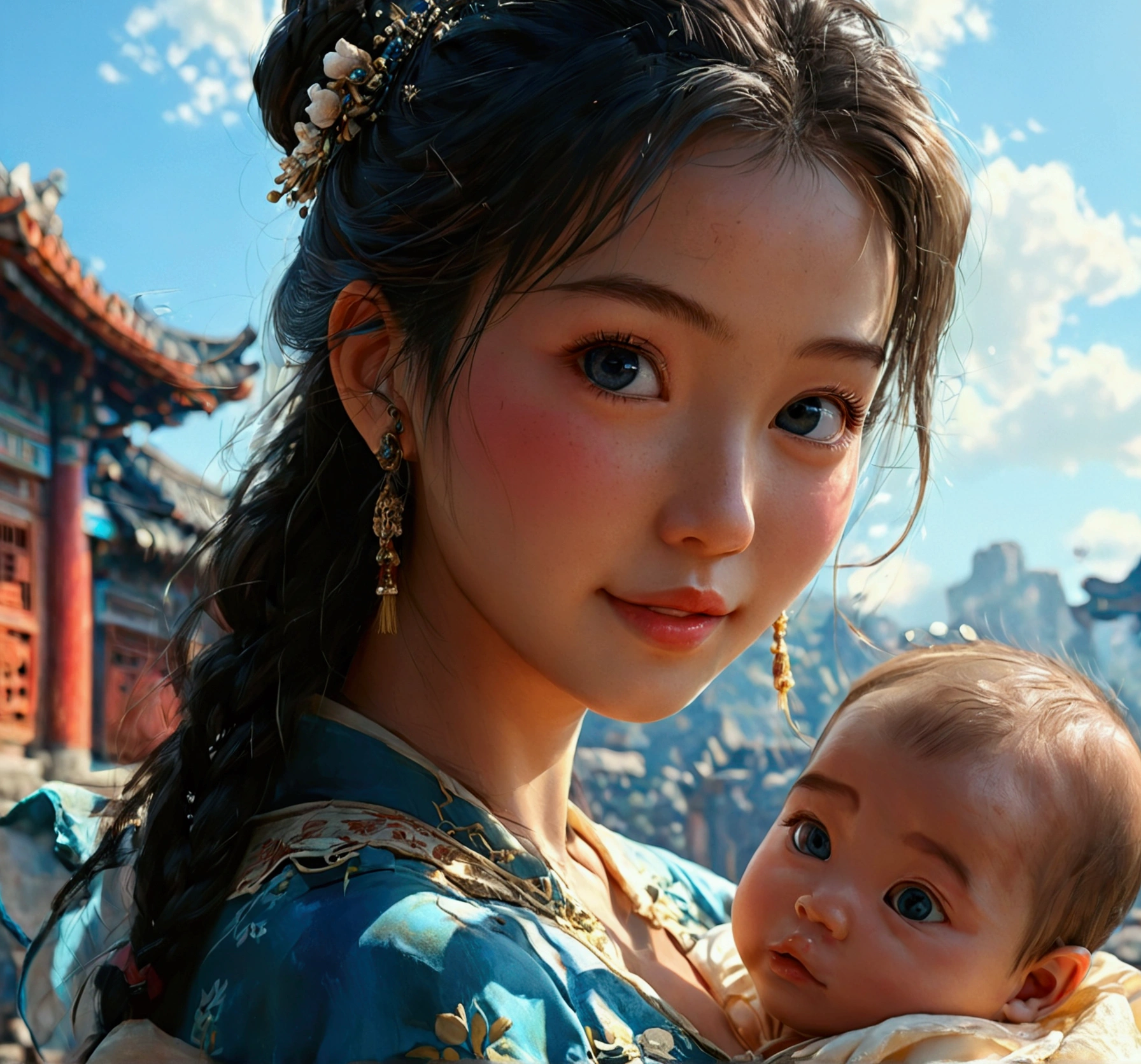 {{Masterpiece, Best quality, Highly detailed CG, Unity wallpaper 8k, Cinema lighting}}, Traditional Chinese ink painting, 1girl, 1baby, Young woman holding a baby, Full body, Ancient architecture, the sky is blue, Sunny day, Wooden architecture, Notable protagonist, He smiles, big eyes, Beautiful detailed eyes, (Big breasts and very, very, very, very, very, very, very, very, very, gigantic body, and a very, very, very, giant body , split), Round ass, Looking at the audience, Long eyelashes,