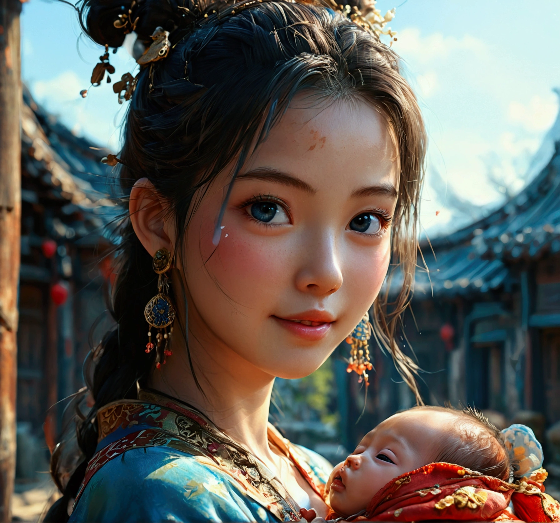 {{Masterpiece, Best quality, Highly detailed CG, Unity wallpaper 8k, Cinema lighting}}, Traditional Chinese ink painting, 1girl, 1baby, Young woman holding a baby, Full body, Ancient architecture, the sky is blue, Sunny day, Wooden architecture, Notable protagonist, He smiles, big eyes, Beautiful detailed eyes, (Big breasts and very, very, very, very, very, very, very, very, very, gigantic body, and a very, very, very, giant body , split), Round ass, Looking at the audience, Long eyelashes,