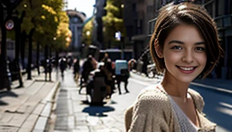 European girl, 12 year old, beautiful and slim, short hair, natural breasts, wearing woolen dress, in the middle of a street, everyone looking at the girl, happy face, breasts,