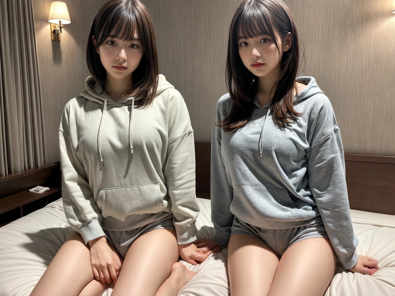 masterpiece, best quality, illustration, Super detailed, fine details, High resolution, 8K,wall paper, perfect dynamic composition,(Details High quality, realistic depiction of eyes:1.3), (2 girls), Oversized Light Grey Hoodie, Erotic Shorts, sitting, open legs, short bob hair, in a hotel room in the background, deep on field, large breasts, black hair color, Big Natural Color Lip, (perfect body shape), crying a little、Harajuku style、20 year old girl、cute type、beautiful legs, Gravure Idol