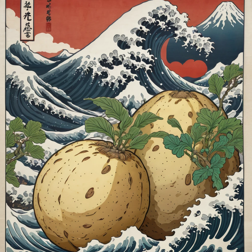 ((Very detailed, Highest quality, Ukiyo-e), logo, letter"Potato Love", An illustration