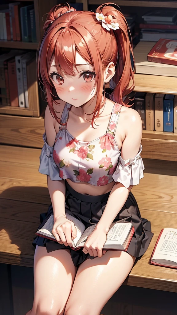 (suzu), ore no imouto ga konna ni kawaii wake ga nai, 25-yers-old girl with crimson red hair- pulled up into twin ponytails, wearing a floral crop top and mini skirt, library background, blushing, sitting down, peeking over the book