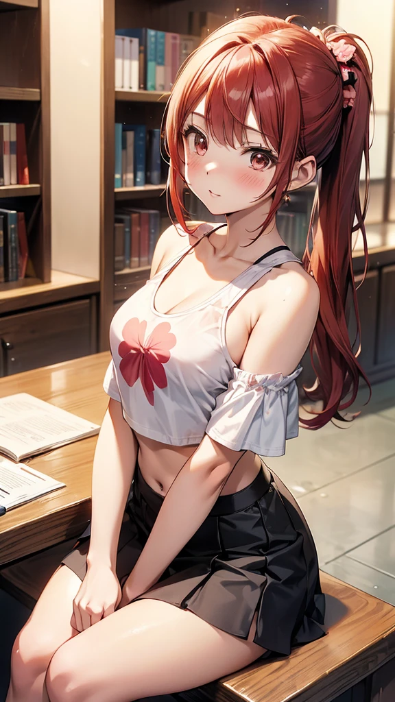 (suzu), ore no imouto ga konna ni kawaii wake ga nai, 25-yers-old girl with crimson red hair- pulled up into twin ponytails, wearing a floral crop top and mini skirt, library background, blushing, sitting down, peeking over the book