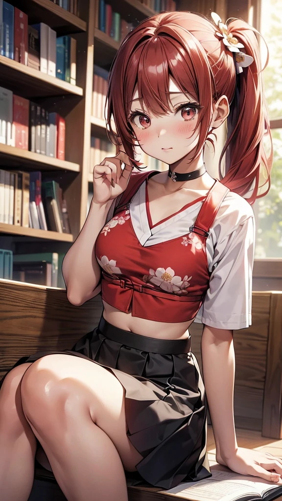 (suzu), ore no imouto ga konna ni kawaii wake ga nai, 25-yers-old girl with crimson red hair- pulled up into twin ponytails, wearing a floral crop top and mini skirt, library background, blushing, sitting down, peeking over the book