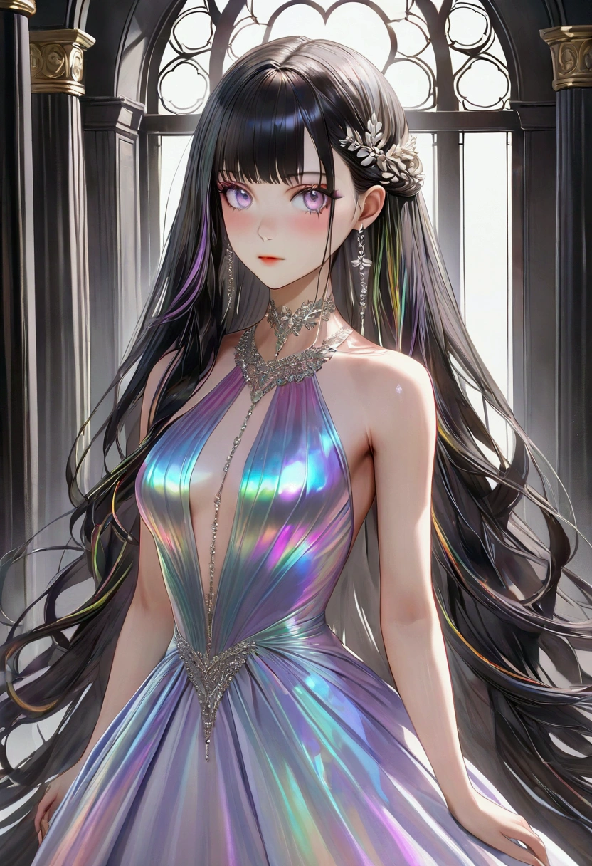 A girl with long black hair with iridescent peekaboo highlights, iridescent eyes, fair skin tone, slender and athletic built, expensive dress, detailed hair, detailed body, best quality, aesthetic,8k,realistic