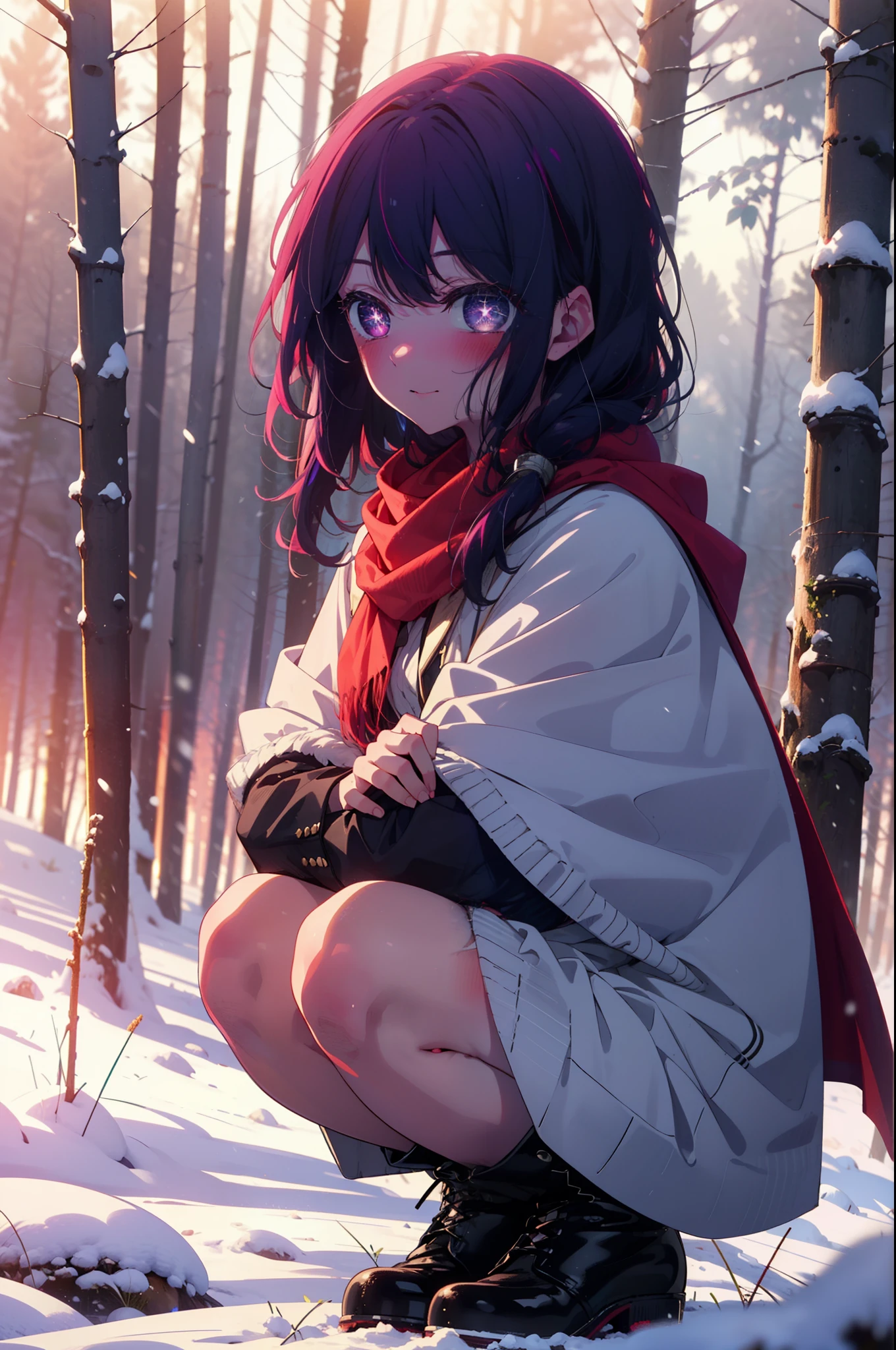 aihoshino, Ai Hoshino, Long Hair, bangs, (Purple eyes:1.1), Purple Hair, (Symbol-shaped pupil:1.5), smile,,smile,blush,white breath,
Open your mouth,snow,Ground bonfire, Outdoor, boots, snowing, From the side, wood, suitcase, Cape, Blurred, , forest, White handbag, nature,  Squat, Mouth closed, Cape, winter, Written boundary depth, Black shoes, red Cape break looking at viewer, Upper Body, whole body, break Outdoor, forest, nature, break (masterpiece:1.2), Highest quality, High resolution, unity 8k wallpaper, (shape:0.8), (Beautiful and beautiful eyes:1.6), Highly detailed face, Perfect lighting, Extremely detailed CG, (Perfect hands, Perfect Anatomy),