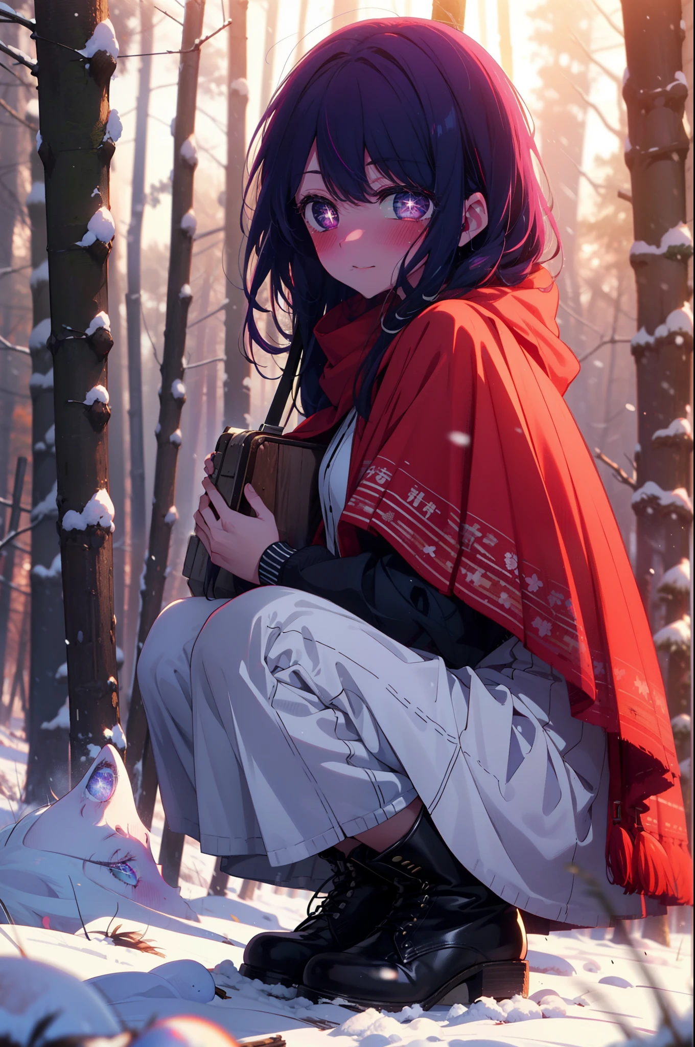 aihoshino, Ai Hoshino, Long Hair, bangs, (Purple eyes:1.1), Purple Hair, (Symbol-shaped pupil:1.5), smile,,smile,blush,white breath,
Open your mouth,snow,Ground bonfire, Outdoor, boots, snowing, From the side, wood, suitcase, Cape, Blurred, , forest, White handbag, nature, Squat, Mouth closed, Cape, winter, Written boundary depth, Black shoes, red Cape break looking at viewer, Upper Body, whole body, break Outdoor, forest, nature, break (masterpiece:1.2), Highest quality, High resolution, unity 8k wallpaper, (shape:0.8), (Beautiful and beautiful eyes:1.6), Highly detailed face, Perfect lighting, Extremely detailed CG, (Perfect hands, Perfect Anatomy),