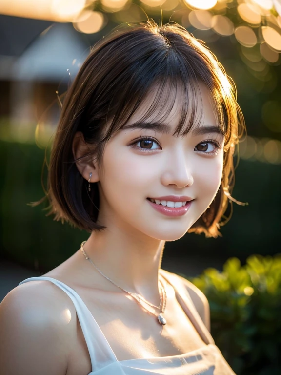 (Highest quality,8K quality,masterpiece:1.3),(Ultra-high resolution,Photorealistic:1.4,RAW Photos),(Ultra-detailed,Caustics,Detailed Background),(Ultra-Realistic Capture,Beautiful and detailed skin,Perfect Anatomy),16 years old,cute,double eyelid,Black short bob,((White tight dress)),necklace, Looking into the camera,(smile),White teeth,(Large Bust),Close-up, Natural soft light, Looking into the camera, sunset,sunset,garden,Backlight,