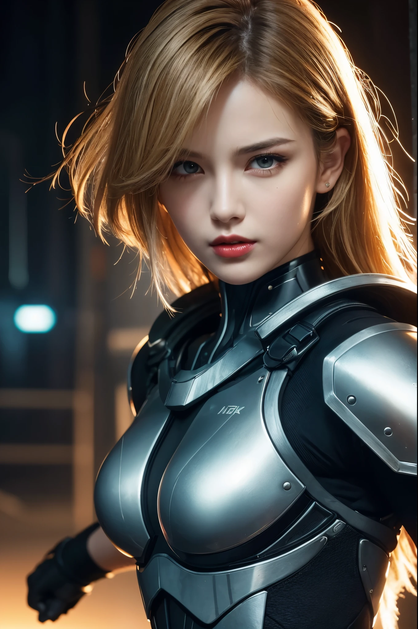 8k,Highly detailed illustration, Ultra-high resolution, masterpiece, Highest quality, Super Beauty,Skin with perfect radiance, Perfect lighting, Detailed lighting, Dramatic Shadows, Ray Tracing, 1 beautiful Caucasian woman, Looking at the audience, Very large breasts, Beautifully detailed hazel eyes, Sharp Face, Clear Eyes, Red lips, Long Bangs, Short Curly Hair, blonde, ((Cyberpunk Dark City)), Upper Body, Combat Uniform, Military Harness, ,masterpiece,Highest qualityのフォトリアリスティックなRAW写真。Bright colors,Rich colors, Backlight, Cinema Lighting, Film Grain,  50mm lens, Nikon D850,Detailed character art,Fantasy art,Ultra-high resolution,Ultra-Realistic Skin,Perfect hand shape,ダイナックなFightingポーズ,Knife action,Metal Armor,Fighting,Action pose,Bend Down,