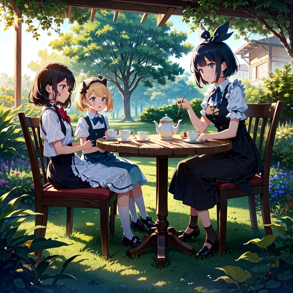 {{{Masterpiece, highest quality, high resolution background}}}, bright and beautiful atmosphere, 3 girls (2 years old, 1 short-tempered round face), 1 boy, 1  (hair, surface effects), poverty Breasts, Alice in Wonderland, a girl in an Alice costume, a Western-style table in a beautiful garden, a teapot and multiple teacups on the table, a girl sitting on a chair, "deltamon_sdXL :0.73) >Deltamon"