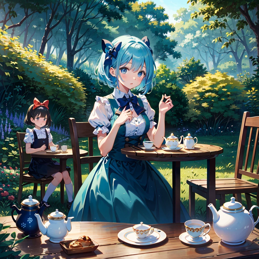 {{{Masterpiece, highest quality, high resolution background}}}, bright and beautiful atmosphere, 3 girls (2 years old, 1 short-tempered round face), 1 boy, 1 (hair, surface effects), poverty Breasts, Alice in Wonderland, a girl in an Alice costume, a Western-style table in a beautiful garden, a teapot and multiple teacups on the table, a girl sitting on a chair, "deltamon_sdXL :0.73) >Deltamon"