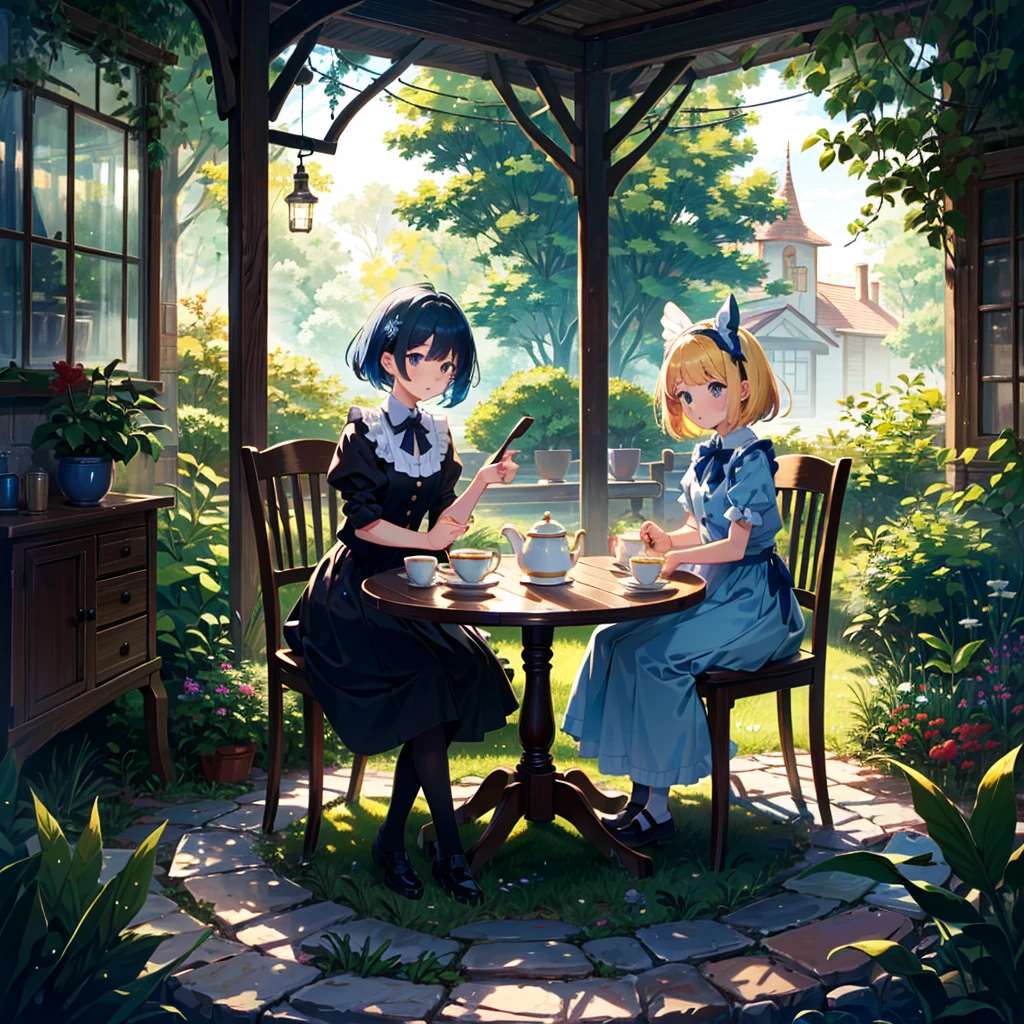 {{{Masterpiece, highest quality, high resolution background}}}, bright and beautiful atmosphere, 3 girls (2 years old, 1 short-tempered round face), 1 boy, 1  (hair, surface effects), poverty Breasts, Alice in Wonderland, a girl in an Alice costume, a Western-style table in a beautiful garden, a teapot and multiple teacups on the table, a girl sitting on a chair, "deltamon_sdXL :0.73) >Deltamon"