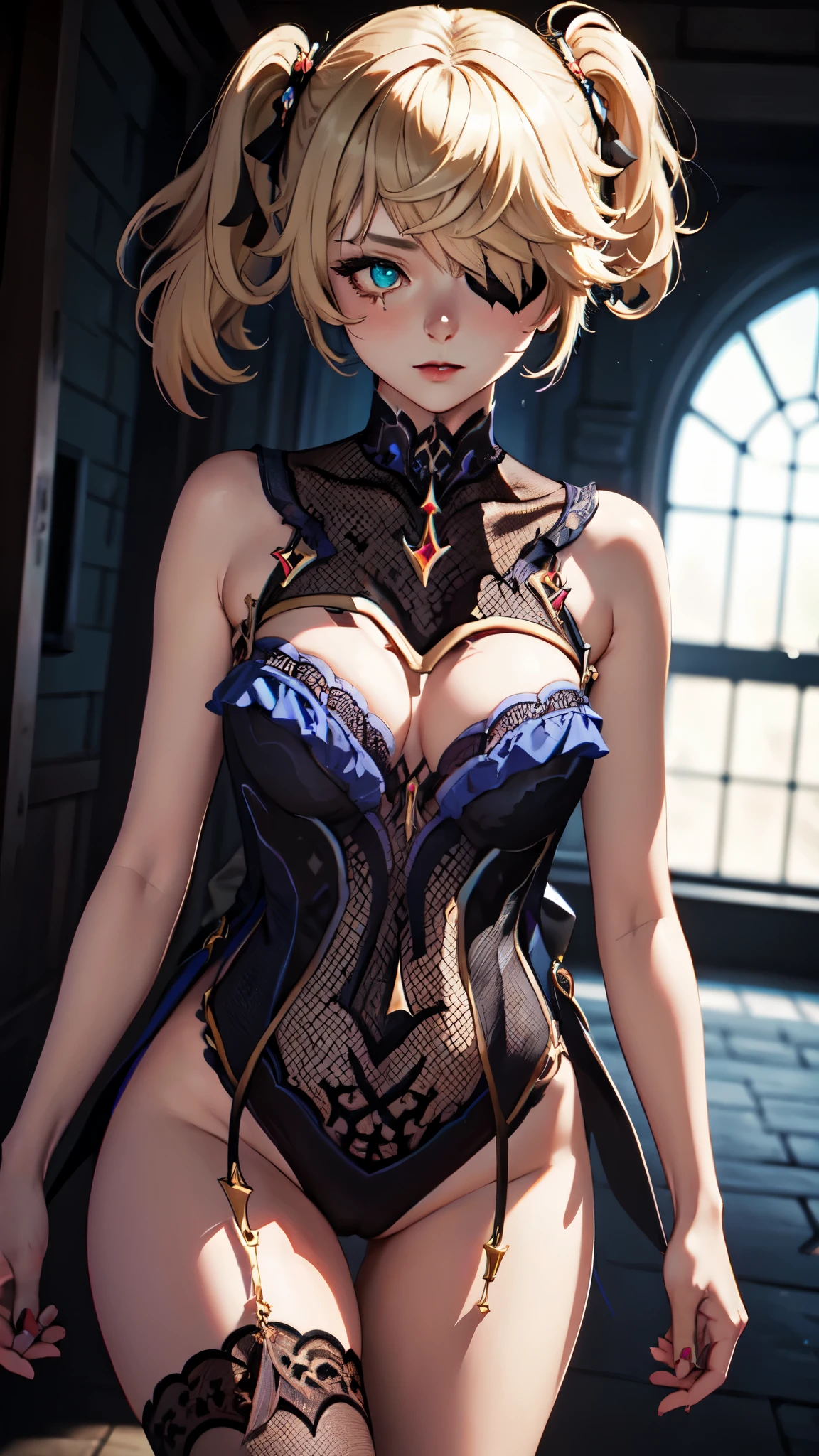 Young blonde girl, black eye patch, twin large ponytails, 
BREAK (masterpiece:1.2), best quality, high resolution, unity 8k wallpaper, (illustration:0.8), (beautiful detailed eyes:1.6), extremely detailed face, perfect lighting, extremely detailed CG, (perfect hands, perfect anatomy), joyful, laughing, Happy, (thigh corset with deep lace neckline), NSFW, cameltoe, portrait (3:4), posing. In darkness next to a scary castle.