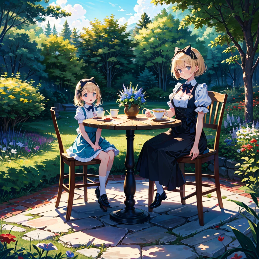 {{{Masterpiece, highest quality, high resolution background}}}, bright and beautiful atmosphere, 3 girls (, 1 short-tempered round face), 1 boy, 1 (hair, surface effects), poverty Breasts, Alice in Wonderland, a girl in an Alice costume, a Western-style table in a beautiful garden, a teapot and multiple teacups on the table, a girl sitting on a chair, "deltamon_sdXL :0.73) >Deltamon"
