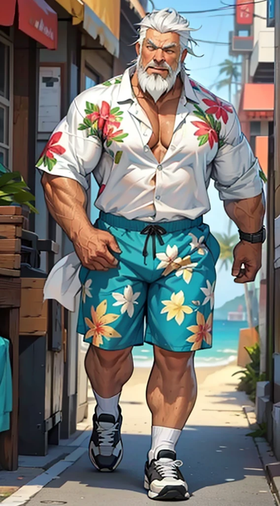 chubby old man in street city, old man, thick arm, huge arm, bearded. white hair and beard, bearded, muscular, pectoral, wide pectoral, beach, palm, realistic, 8k, masterpiece, (wearing shorts and white Hawaiian shirt, shoes)