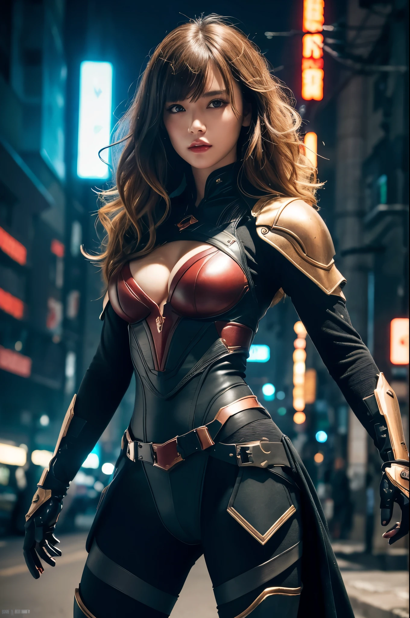 8k,Highly detailed illustration, Ultra-high resolution, masterpiece, Highest quality, Super Beauty,Skin with perfect radiance, Perfect lighting, Detailed lighting, Dramatic Shadows, Ray Tracing, 1 beautiful Caucasian woman, Looking at the audience, Very large breasts, Beautifully detailed hazel eyes, Sharp Face, Clear Eyes, Red lips, Long Bangs, Short Curly Hair, blonde, ((Cyberpunk Dark City)), Upper Body, Combat Uniform, Military Harness, ,masterpiece,Highest qualityのフォトリアリスティックなRAW写真。Bright colors,Rich colors, Backlight, Cinema Lighting, Film Grain, 50mm lens, Nikon D850,Detailed character art,Fantasy art,Ultra-high resolution,Ultra-Realistic Skin,Perfect hand shape,ダイナックなFightingポーズ,Knife action,Red Metal Armor,Fighting,Action pose,Bend Down,
