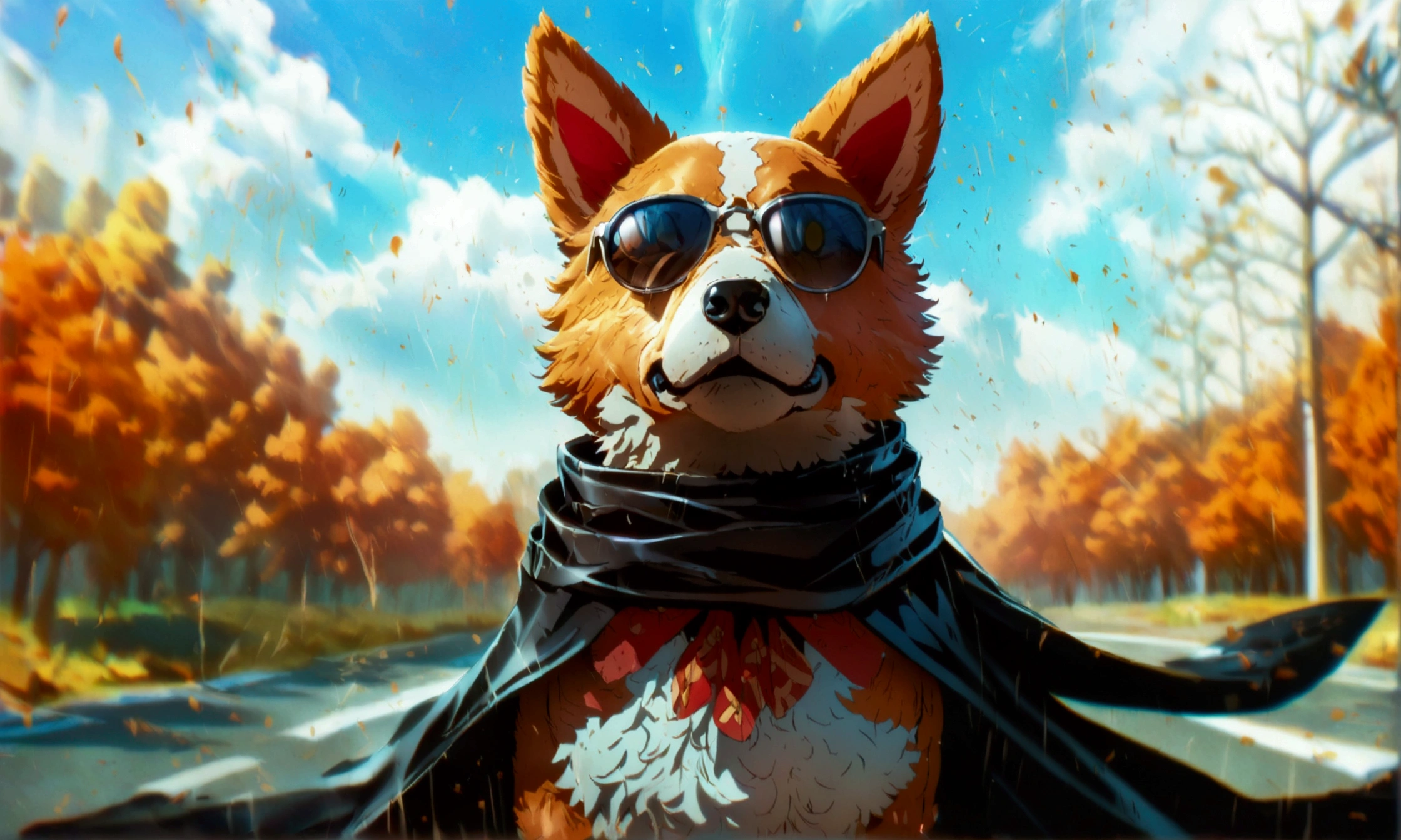 Humanoid dog, sunglasses, black cloak, angry expression, road background "Anime character design inspired by One Piece, full of dramatic and impressive lighting, focus on the centralized character, impressive face, full of creative details, ultra-fine 4K design, scenery bathed in creativity, boasting 2D anime resolution clarity, HD anime graphics, high-octane rendering"