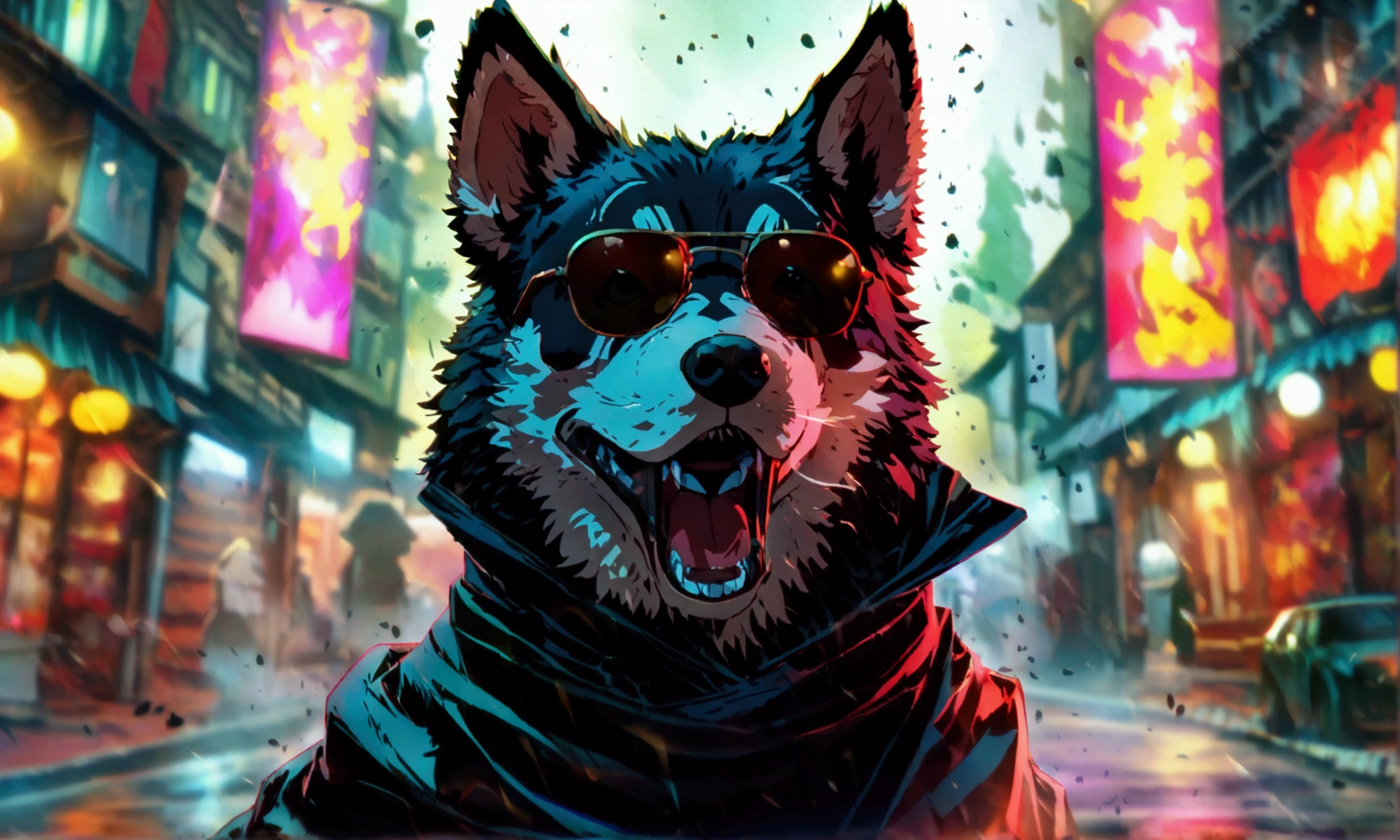 Humanoid dog, sunglasses, black cloak, angry expression, road background "Anime character design inspired by One Piece, full of dramatic and impressive lighting, focus on the centralized character, impressive face, full of creative details, ultra-fine 4K design, scenery bathed in creativity, boasting 2D anime resolution clarity, HD anime graphics, high-octane rendering"