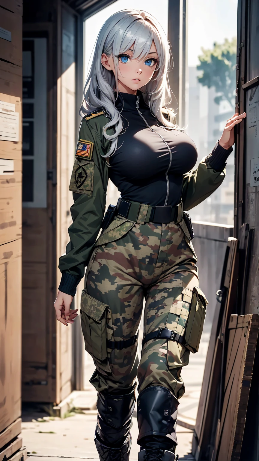 A woman soldier, atheletic body, sexy body, big breasts, blue eyes, beautiful eyes, detailed eyes, silver hair, long haird, tactical gear, camo jacket, military boots, long cargo pants, military combat vest, high quality picture, high detail, high resolution