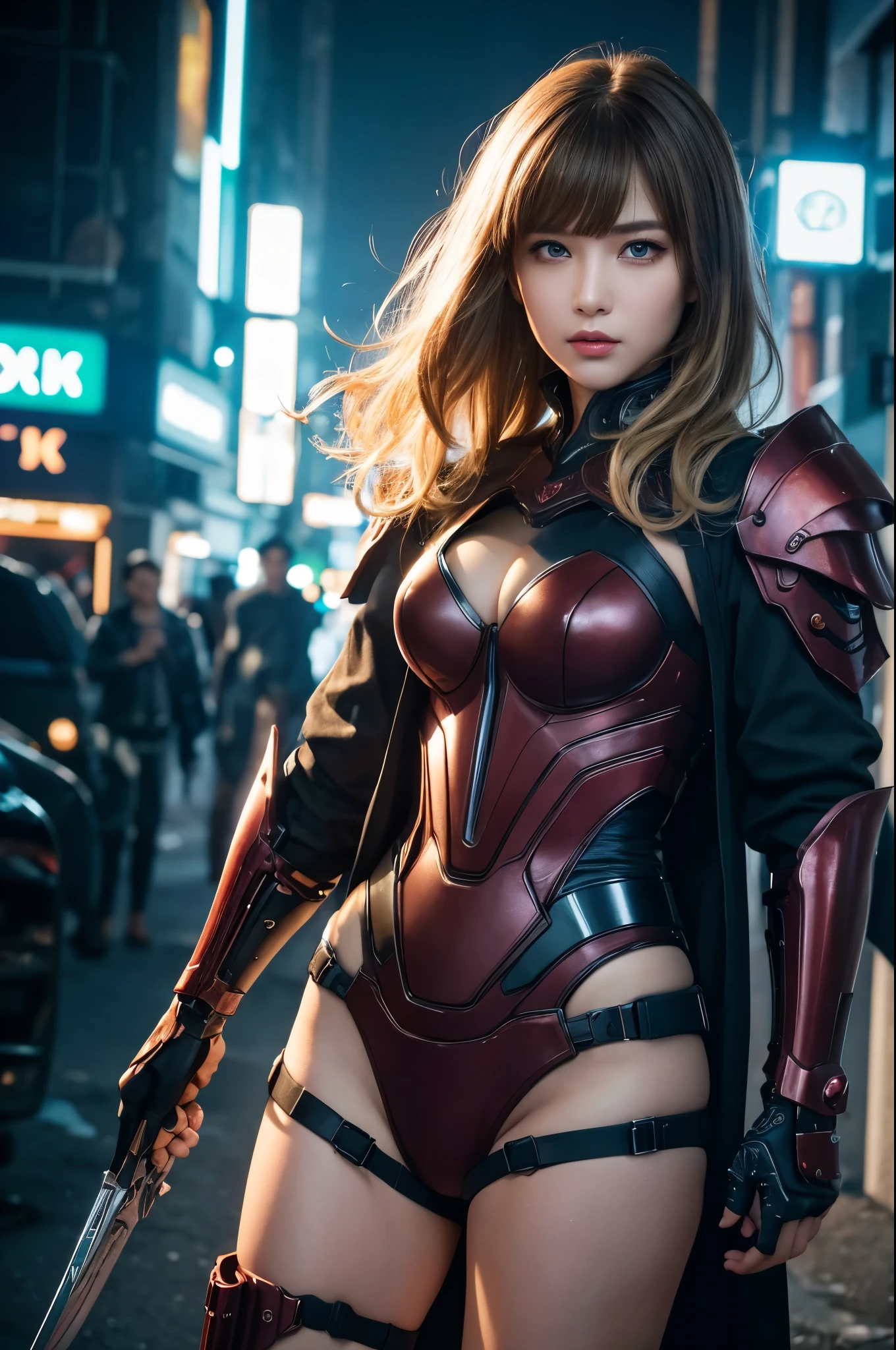 8k,Highly detailed illustration, Ultra-high resolution, masterpiece, Highest quality, Super Beauty,Skin with perfect radiance, Perfect lighting, Detailed lighting, Dramatic Shadows, Ray Tracing, 1 beautiful Caucasian woman, Looking at the audience, Very large breasts, Beautifully detailed hazel eyes, Sharp Face, Clear Eyes, Red lips, Long Bangs, Short Curly Hair, blonde, ((Cyberpunk Dark City)), Upper Body, Combat Uniform, Military Harness, ,masterpiece,Highest qualityのフォトリアリスティックなRAW写真。Bright colors,Rich colors, Backlight, Cinema Lighting, Film Grain,  50mm lens, Nikon D850,Detailed character art,Fantasy art,Ultra-high resolution,Ultra-Realistic Skin,Perfect hand shape,ダイナックなFightingポーズ,Knife action,Red Metal Armor,Fighting,Action pose,Bend Down,