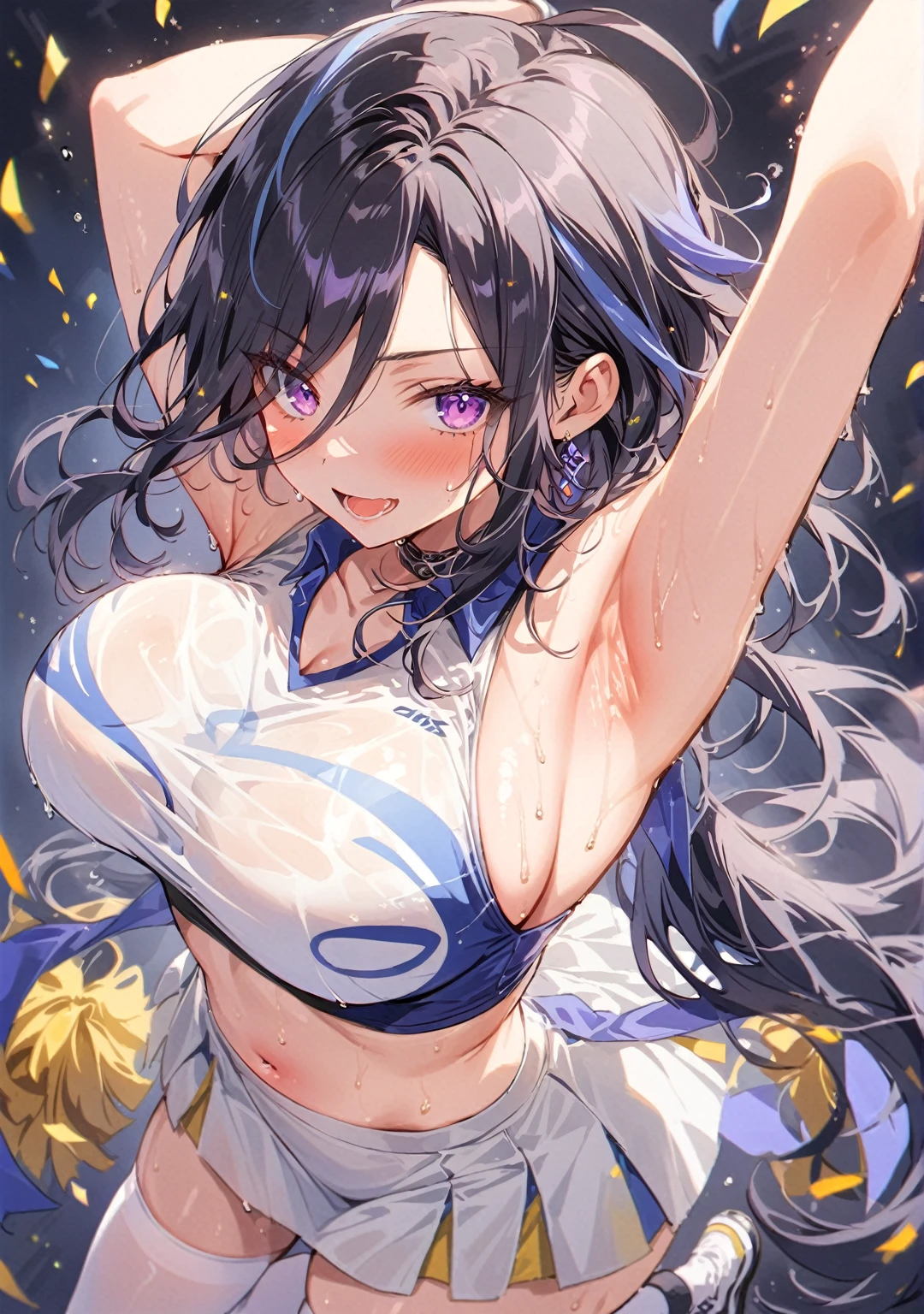 score_9, score_8_above, large breasts, 1 girl, Alone, solo, BREAK Clorinde, Genshin impact, dark blue hair, long hair, low ponytail, original hair style, bright purple eyes, \(CLOTHES\), alternate costume, cheerleader, blue and white uniform, pom-poms, Sweat, Gloss on lips, gleaming, sleeveless, stockings shiny oil, sports tennis shoes, bewitching thighs, white stockings, skin-tight, see-through navel, armpits, chest outline, shiny skin, \(BREAK\), joy look, Excited, open mouth, jump pose, front shot, middle shot, arms up, \(BREAK\), Dark background, flashes of lights of different colors, confetti from above, a heart as an expression