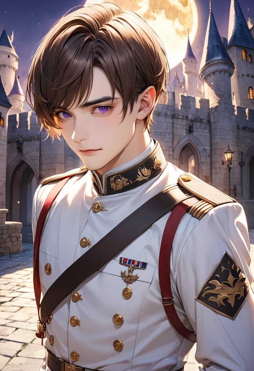 1 male　Short brown hair and eyebrows　Bangs with invisible forehead　Side hair where ears are not visible　Purple Eyes　White military uniform　full moon　Castle courtyard