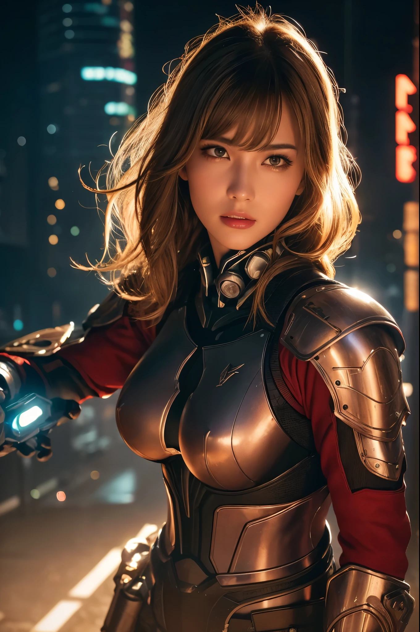 8k,Highly detailed illustration, Ultra-high resolution, masterpiece, Highest quality, Super Beauty,Skin with perfect radiance, Perfect lighting, Detailed lighting, Dramatic Shadows, Ray Tracing, 1 beautiful Caucasian woman, Looking at the audience, Very large breasts, Beautifully detailed hazel eyes, Sharp Face, Clear Eyes, Red lips, Long Bangs, Short Curly Hair, blonde, ((Cyberpunk Dark City)), Upper Body, Combat Uniform, Military Harness, ,masterpiece,Highest qualityのフォトリアリスティックなRAW写真。Bright colors,Rich colors, Backlight, Cinema Lighting, Film Grain, 50mm lens, Nikon D850,Detailed character art,Fantasy art,Ultra-high resolution,Ultra-Realistic Skin,Perfect hand shape,ダイナックなFightingポーズ,Knife action,Red Metal Armor,Fighting,Action pose,Bend Down,