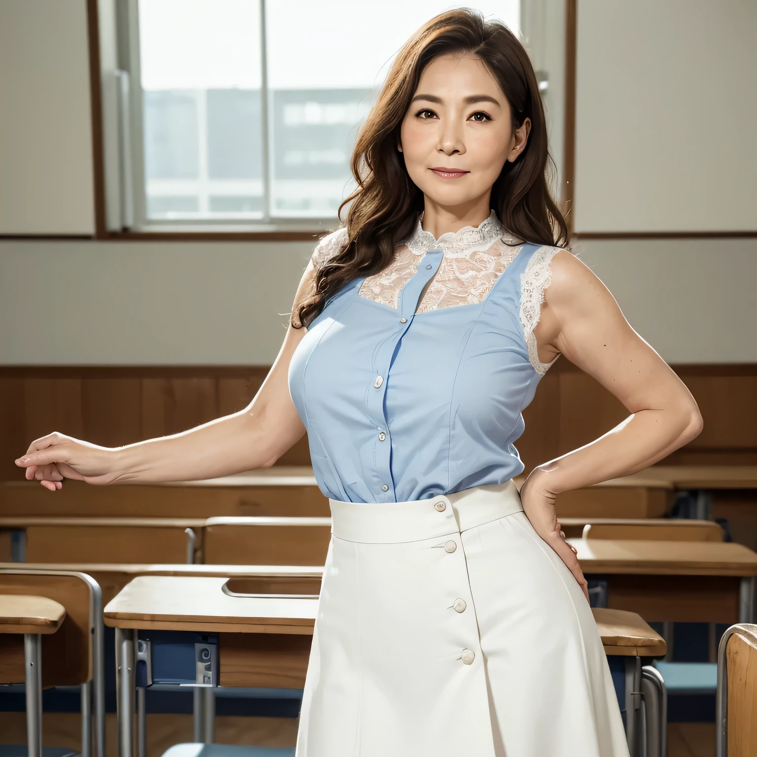 High resolution, High-level image quality, High definition, masterpiece, 8k, Anatomically correct, Professional Lighting, sharp, White Photo, 
((Japanese Mature, 90 years old, Beautiful female teacher)), One person, Calm woman, ((Facial wrinkles)), Shapely large breasts, Straight long light brown hair with voluminous waves and parted to the right, Chubby body type, 
((School classroom, Standing upright, holding the attendance book and looking at the viewer)), 
(((A light blue sleeveless summer buttoned lace shirt tucked into a skirt, Tight summer high waisted white long flared skirt, Bra straps sticking out))), 
A composition that shows what&#39;s under a skirt from the feet up
