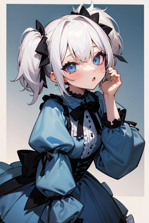 Short white hair, blush, Gothic Lolita、Punk Fashion、Headbang 2.、Blue clothes、Twin tails