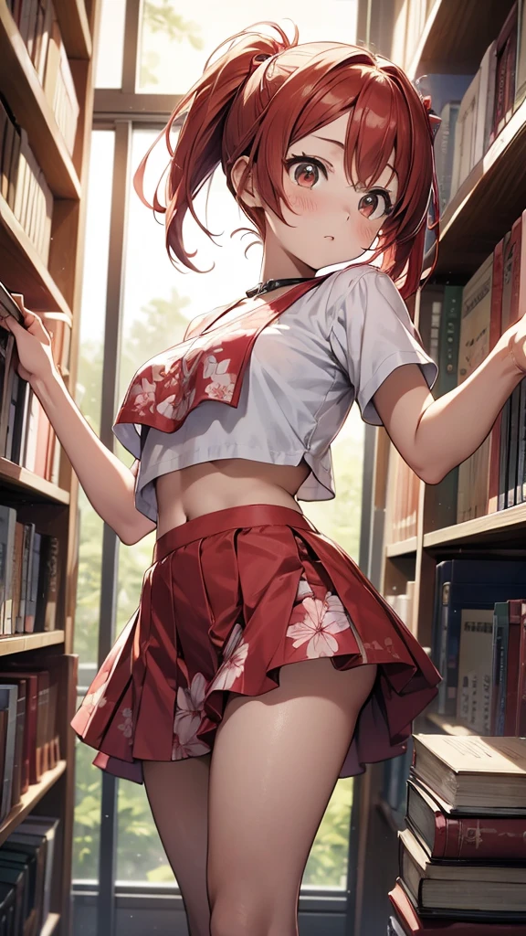 (suzu), ore no imouto ga konna ni kawaii wake ga nai, 25-yers-old girl with crimson red hair- pulled up into twin ponytails, wearing a floral crop top and mini skirt, library background, reaching out for a book, look surprised 