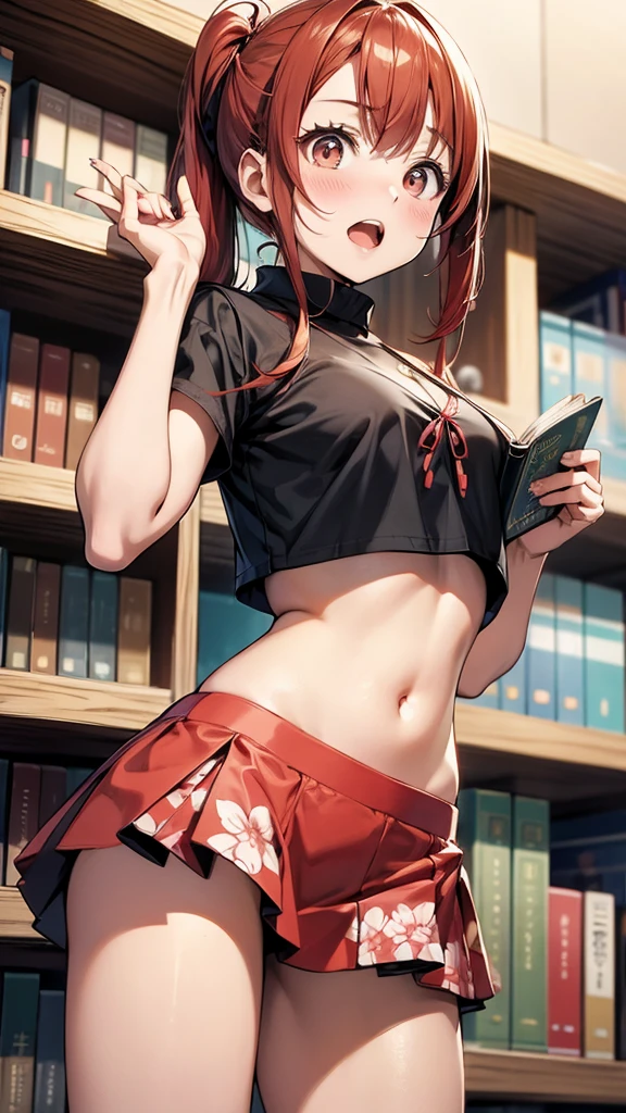 (suzu), ore no imouto ga konna ni kawaii wake ga nai, 25-yers-old girl with crimson red hair- pulled up into twin ponytails, wearing a floral crop top and mini skirt, library background, reaching out for a book, look surprised