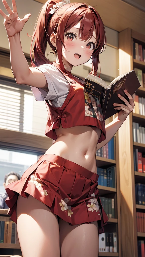 (suzu), ore no imouto ga konna ni kawaii wake ga nai, 25-yers-old girl with crimson red hair- pulled up into twin ponytails, wearing a floral crop top and mini skirt, library background, reaching out for a book, look surprised
