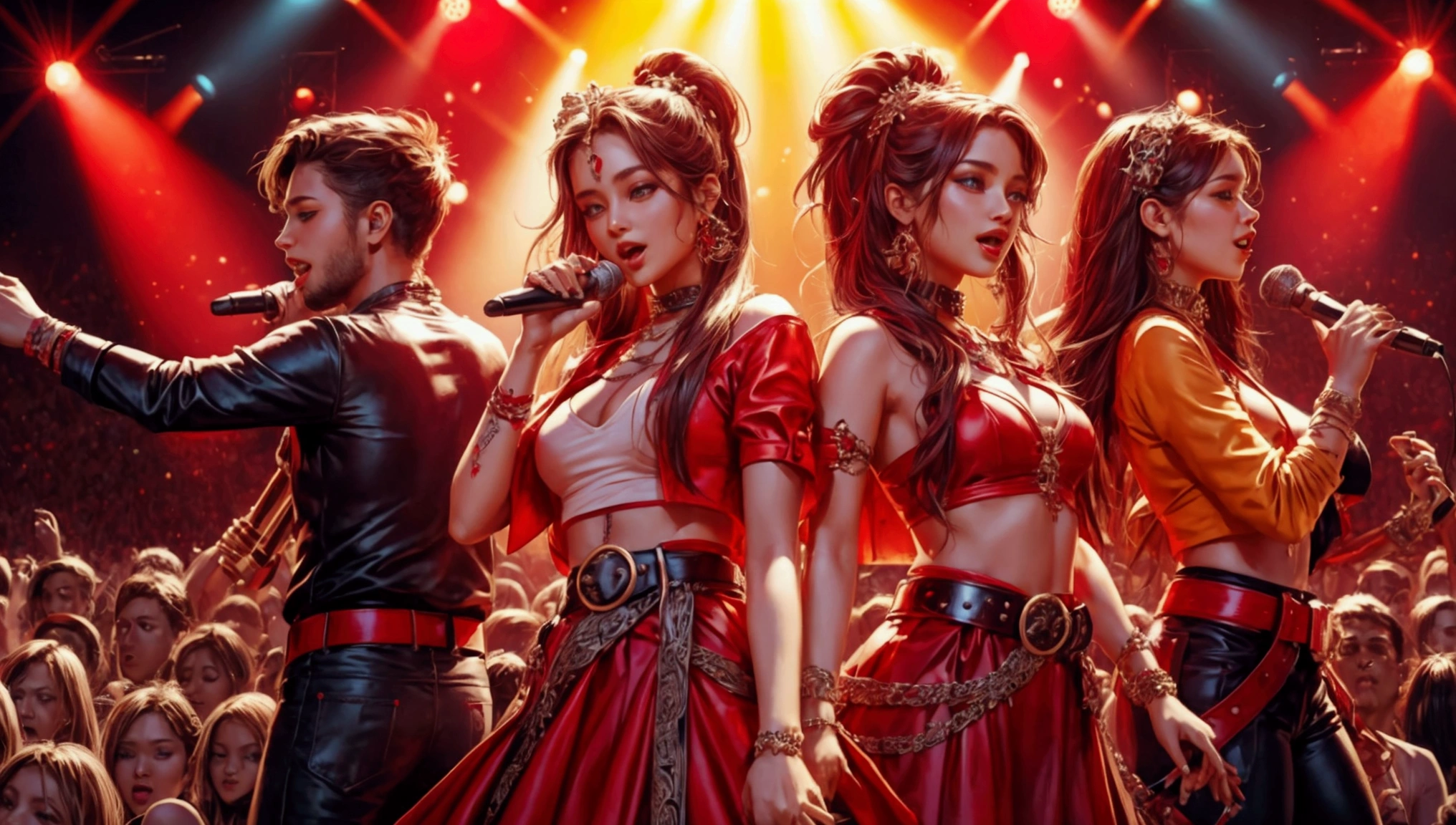 Design a music festival poster, singers with red belt around their waist.