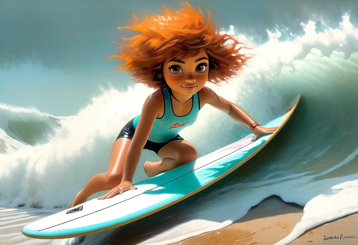 (on surfing board young girl isabelmoner-smf dora), (((solo))) (surfing on waves). (Hyper-realistic), Very short orange hair, freckles, white cute tanktop, Mini Shorts, Sport, sweaty, Average Breasts, aesthetics, ((oil painting)), (headband:0.75),(teal:0.2),(Orange:0.2), (by Jeremy Mann:0.5), (by John Constable:0.1),(by El Greco:0.5),(acrylic paint:0.75), 8K