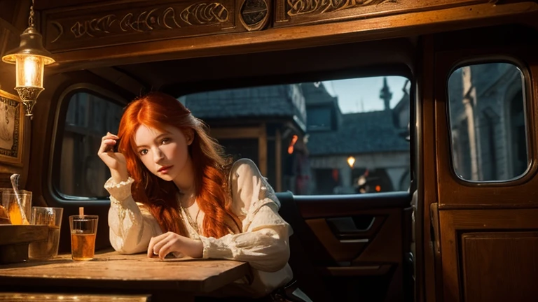 young redhead, medieval tale tavern, Intricately detailed colorful interior, detailed intense sunrise lightning, Best Geometry, award wining masterpiece, ultra intricate shadows and lighting, better lighting, better shadows, busy and complex environment, Trends in the art season, Global illumination, car lighting polish, Bioluminescence, mid-journey style, art by Albert Bierstadt