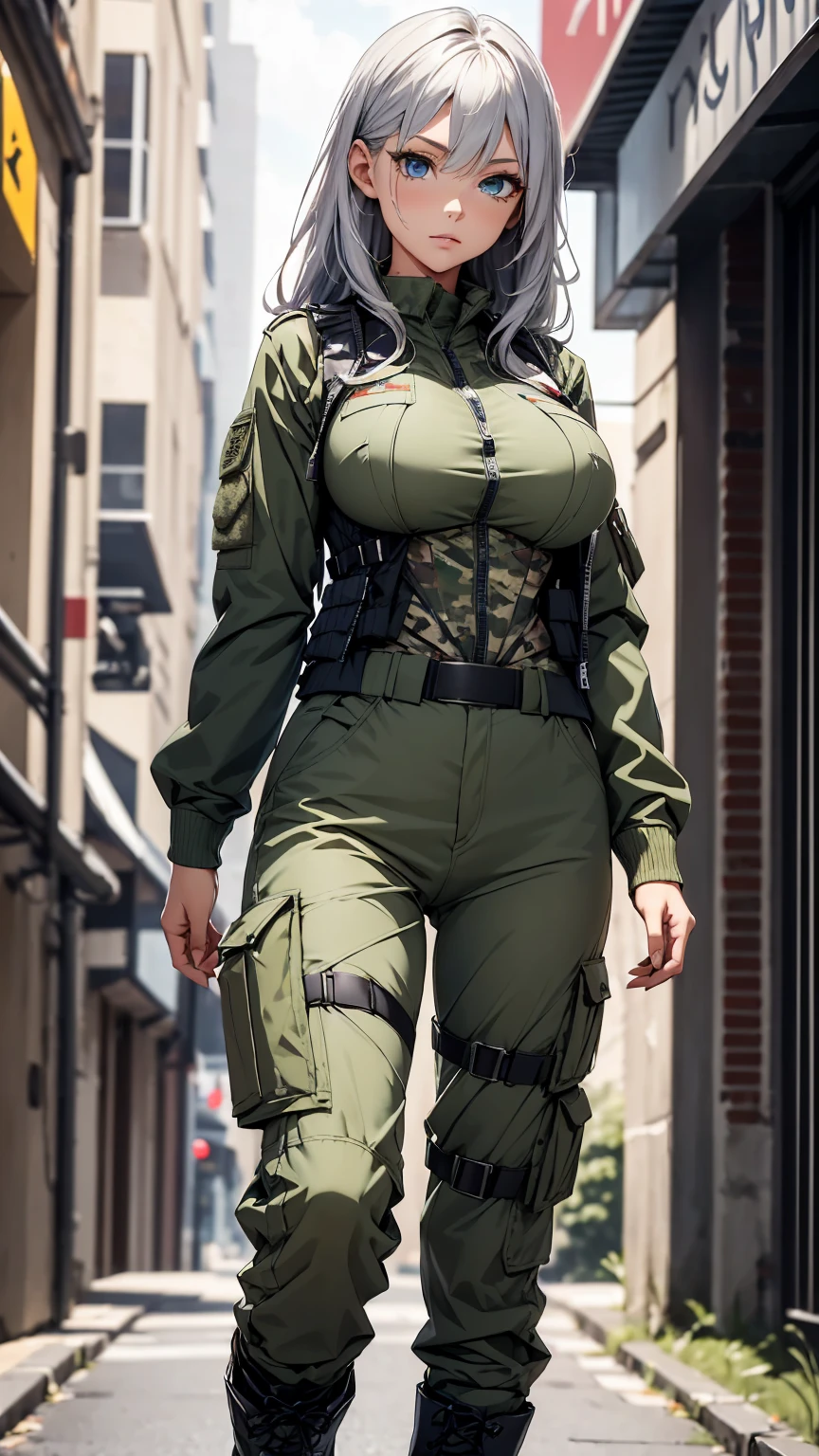 A woman soldier, atheletic body, sexy body, big breasts, blue eyes, beautiful eyes, detailed eyes, silver hair, long haird, tactical gear, camo jacket, military boots, long cargo pants, ((military combat vest)), high quality picture, high detail, high resolution