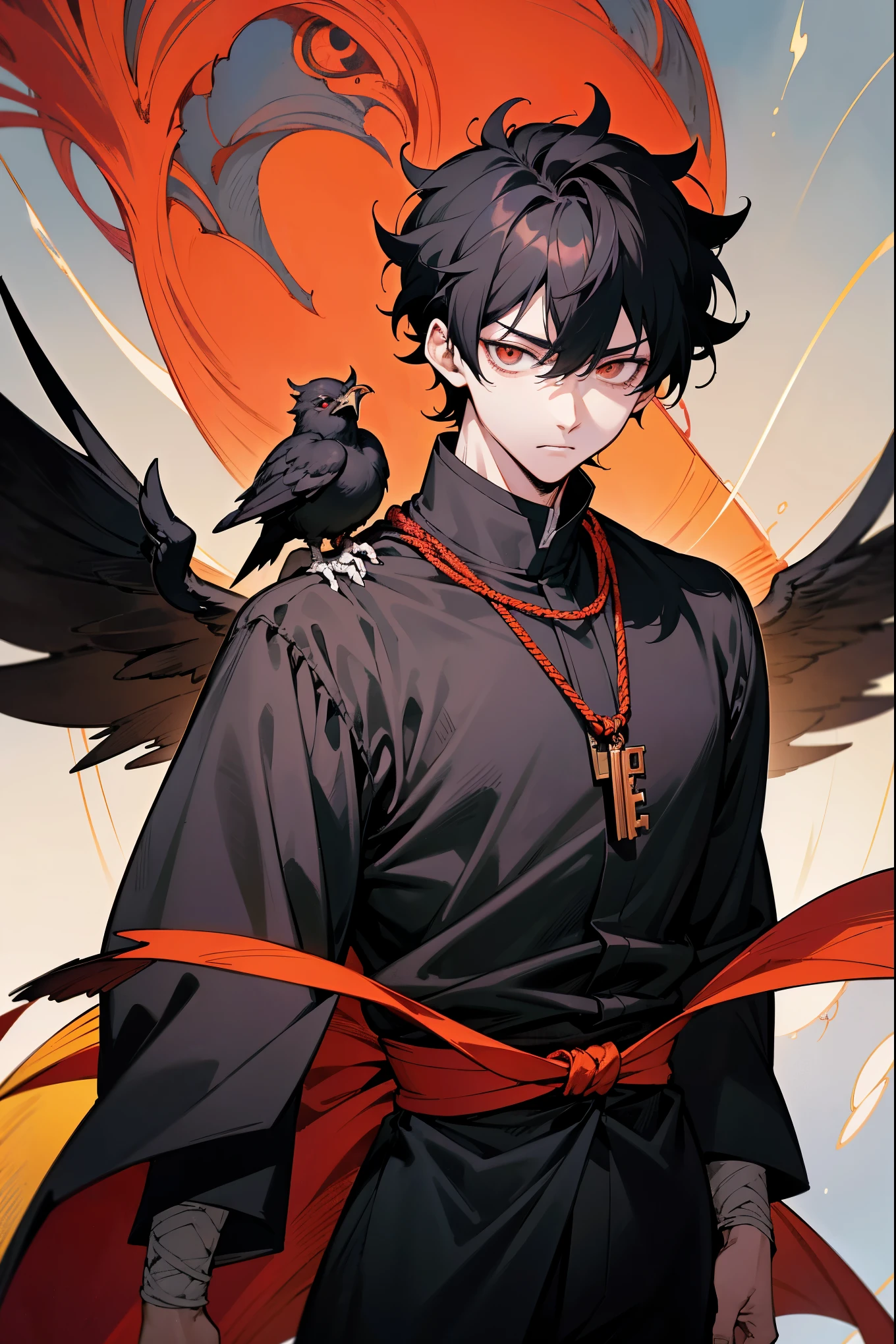 a close up of a person with a black shirt and a bird on his shoulder, handsome guy in demon slayer art, manga style of kentaro miura, key anime art, coloured manga scan, inspired by Yamagata Hiro, handsome japanese demon boy, kentaro miura manga art style, inspired by Okumura Masanobu, male anime character