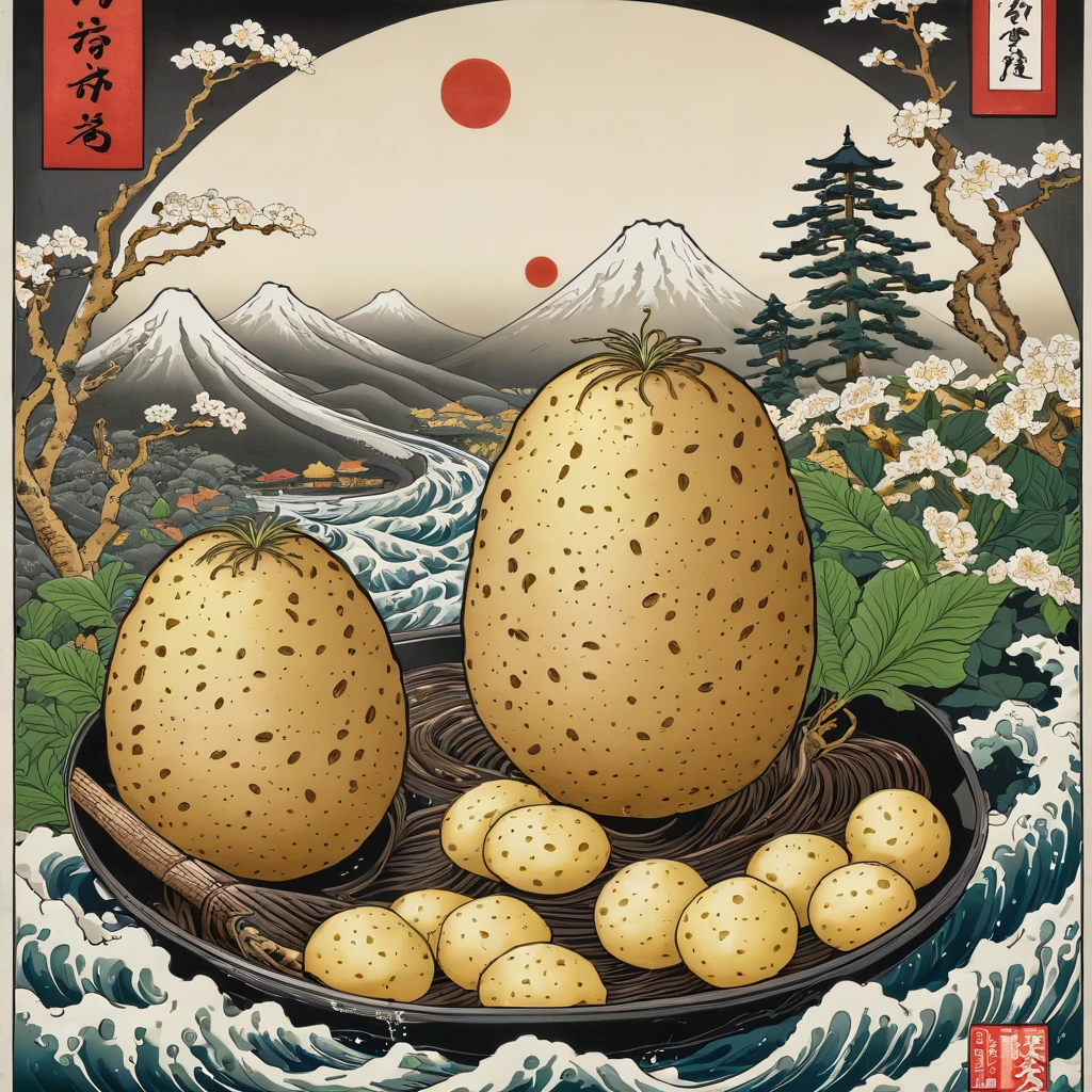 ((Very detailed, Highest quality, Ukiyo-e), logo, "Potato Love", An illustration