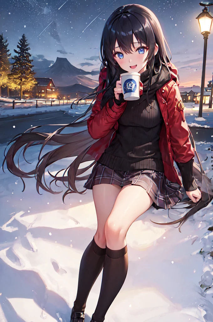 1 Girl, winter, Holding a cup of coffee, Red Jacket, Scenery under the skirt, , Extremely detailed, background, Black Hair, blue eyes, Smile, snow, Straight Hair, Detailed legs, octane, Isle of Skye, Star(Isle of Skye), landscape, Starry sky, at night, Night Sky, Exterior, architecture, cloud, Galaxy, sit, A tree, City, contour, City景观, moonlight