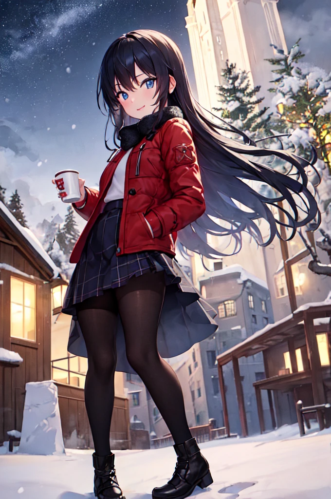 1 Girl, winter, Holding a cup of coffee, Red Jacket, Scenery under the skirt, , Extremely detailed, background, Black Hair, blue eyes, Smile, snow, Straight Hair, Detailed legs, octane, Isle of Skye, Star(Isle of Skye), landscape, Starry sky, at night, Night Sky, Exterior, architecture, cloud, Galaxy, sit, A tree, City, contour, City景观, moonlight