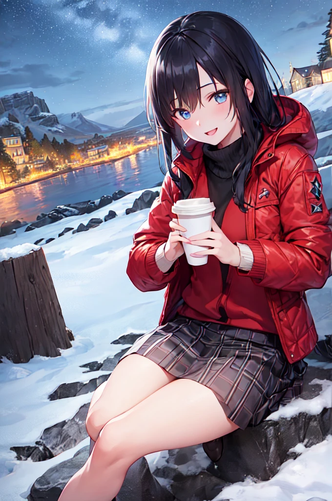 1 Girl, winter, Holding a cup of coffee, Red Jacket, Scenery under the skirt, , Extremely detailed, background, Black Hair, blue eyes, Smile, snow, Straight Hair, Detailed legs, octane, Isle of Skye, Star(Isle of Skye), landscape, Starry sky, at night, Night Sky, Exterior, architecture, cloud, Galaxy, sit, A tree, City, contour, City景观, moonlight