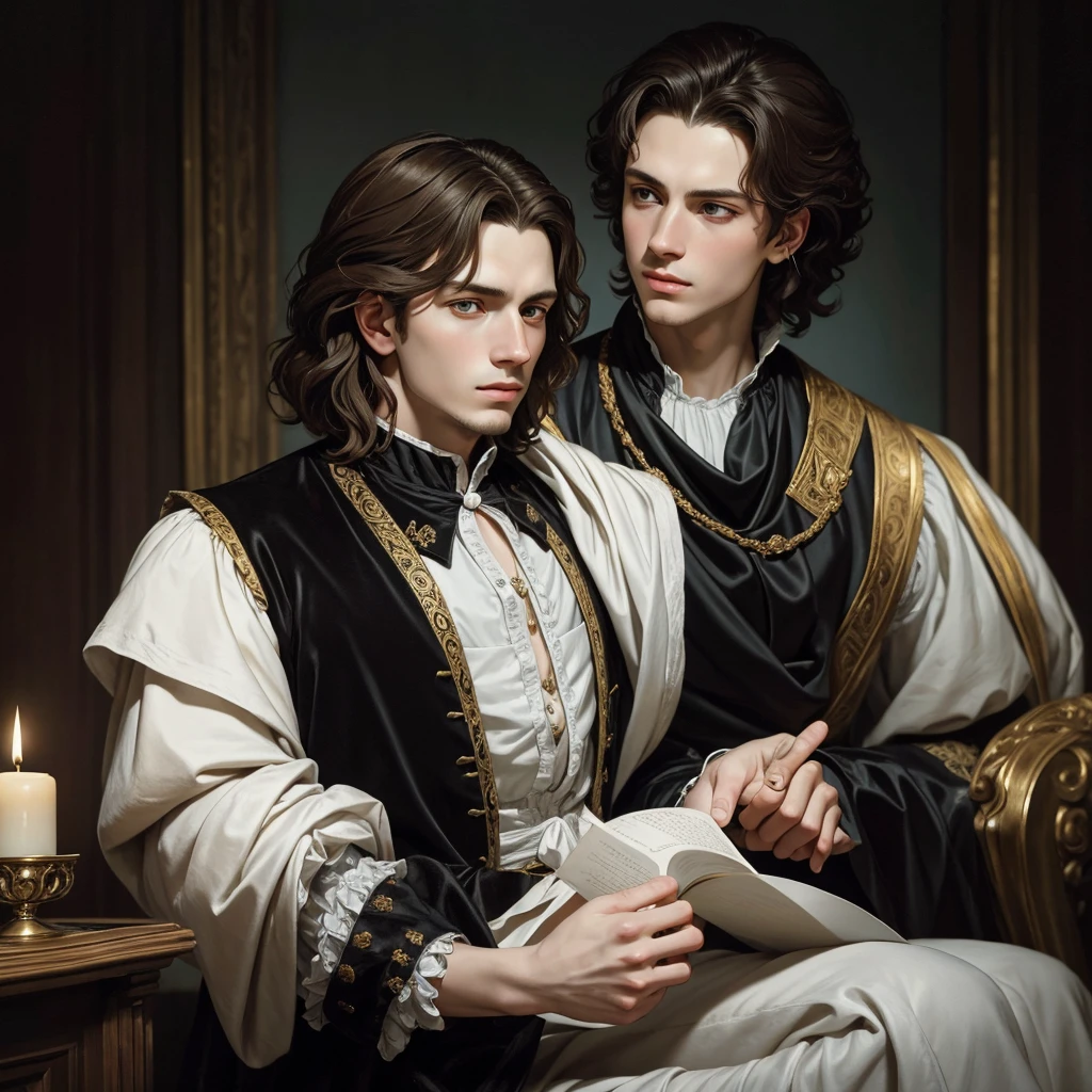 Portrait of young Christopher Marlowe, white skin, piercing icy blue eyes, silky golden-brown hair, refined features, charp jawline, clean shaved, Elizabethan clothes, black Elizabethan velvet jerkin, white laced shirt, soft light, elegant, gently dangerous man, candlelight, chiaroscuro, masterpiece, oil painting, oil on canvas, Renaissance, Caravaggio style, realism, high quality