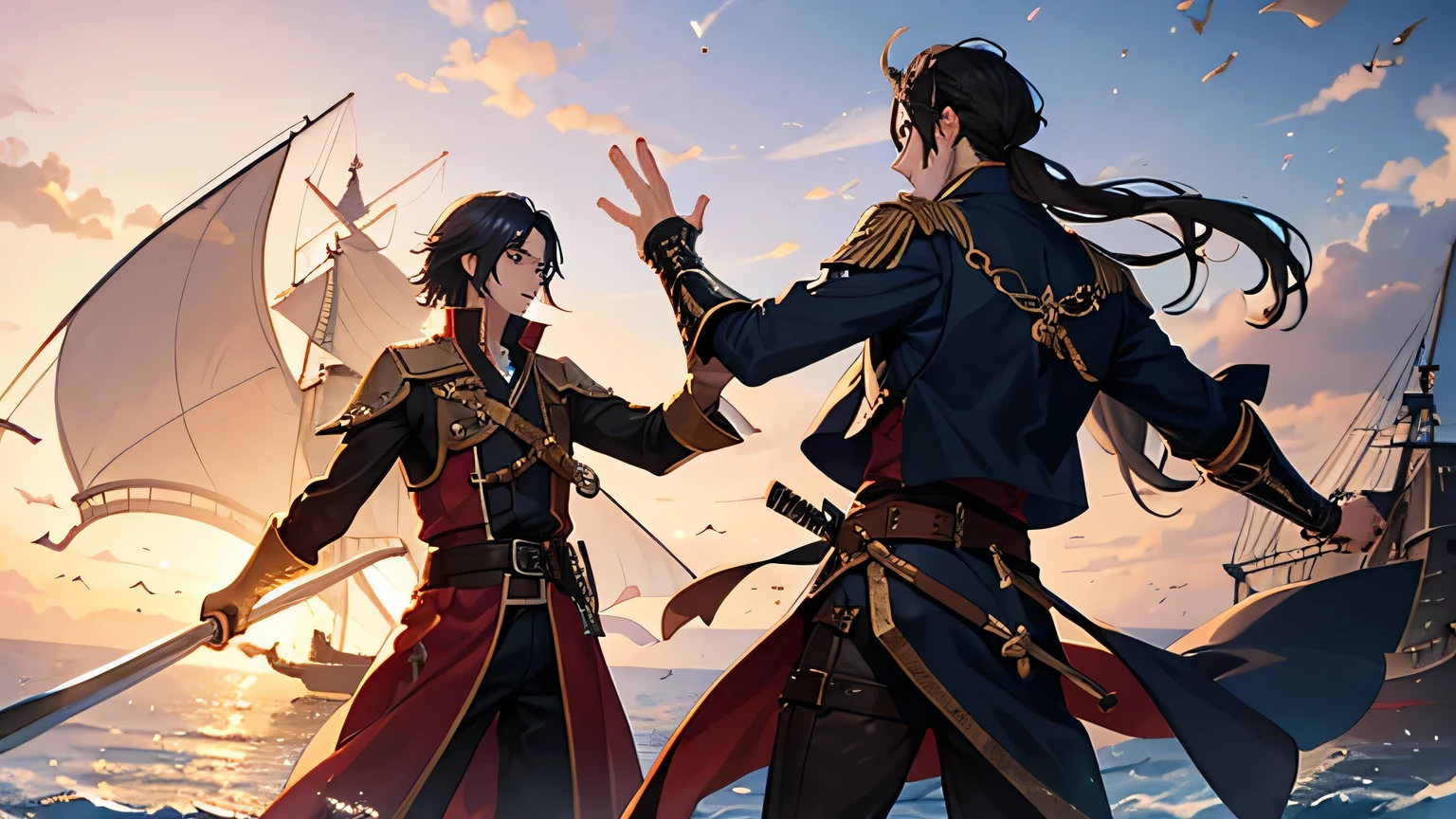 Fantasy World、A male swordsman and a male pirate join forces to fight the enemy.、The enemy is a monster、The background is the sea and ships