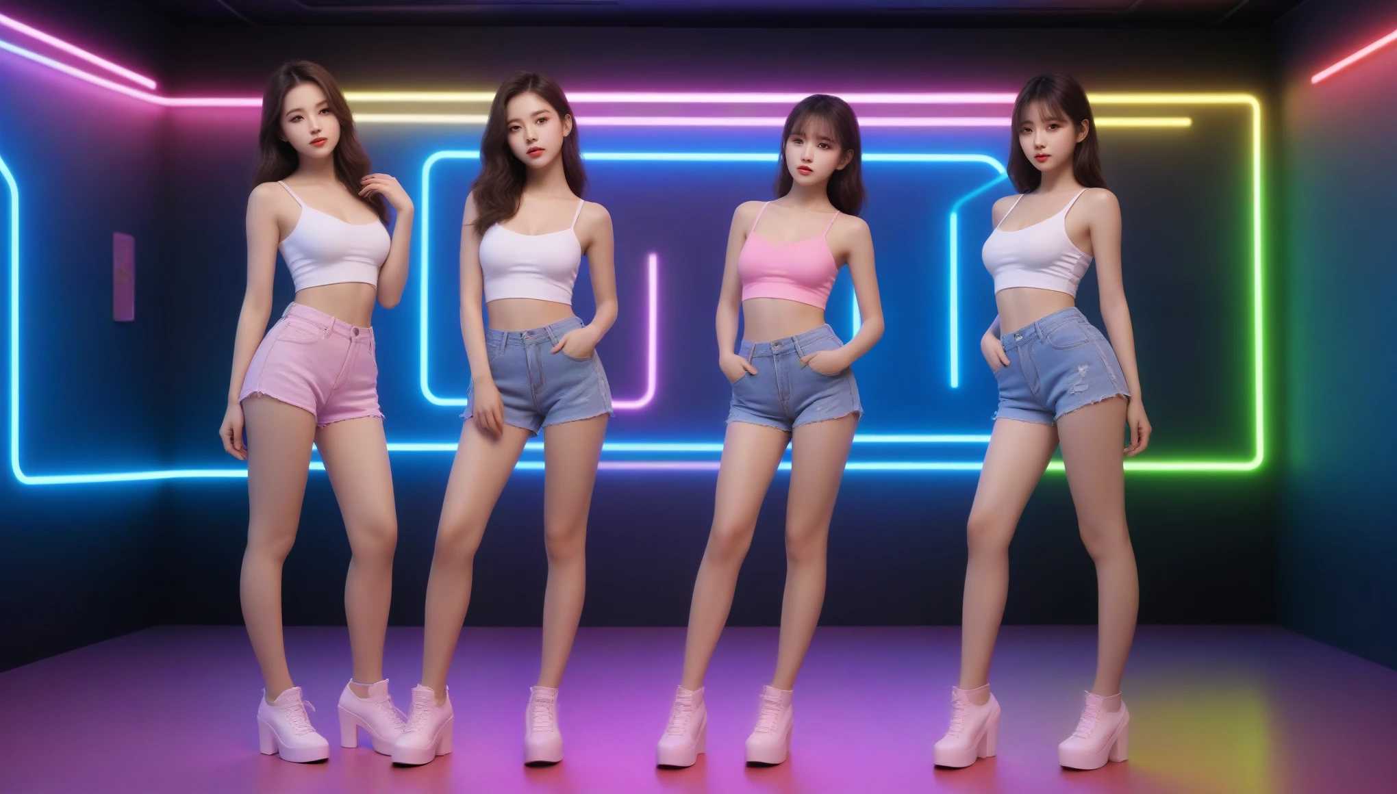 4 girl k-pop sexy shorts standing poses in multi-colored neon lights, realistic images, high quality.